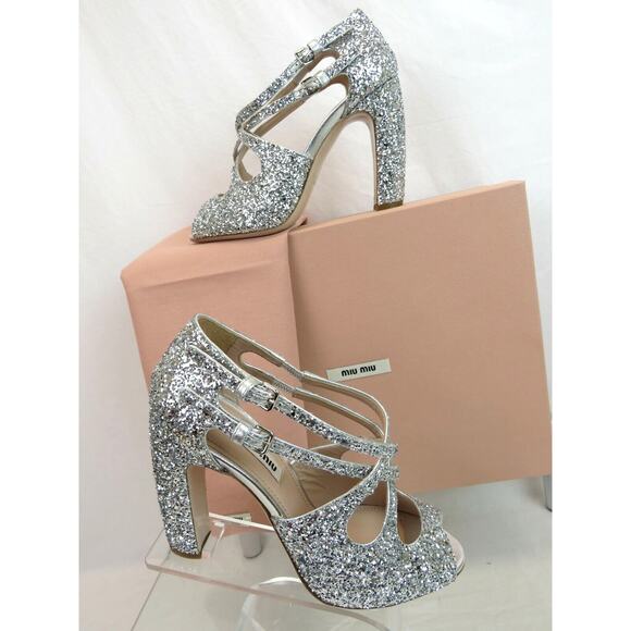 MIU MIU PRADA SILVER GLITTER LEATHER 5K880C BUCKLE CRISSCROSS PEEP TOE PUMPS 36 - Picture 3 of 12